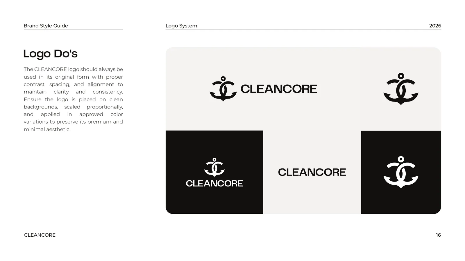 CLEANCORE brand style guide, page 16