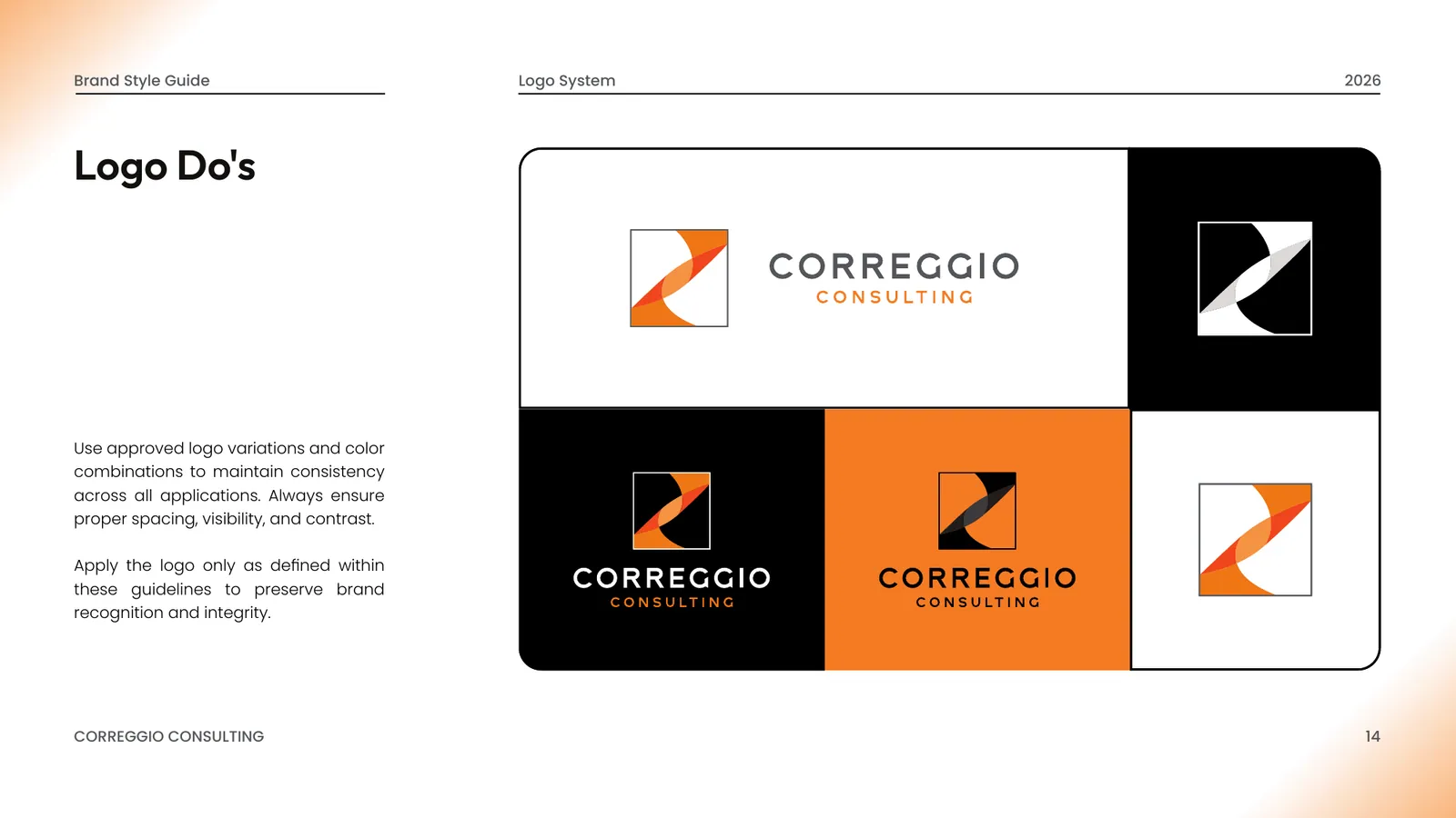 Correggio Consulting brand style guide, page 14