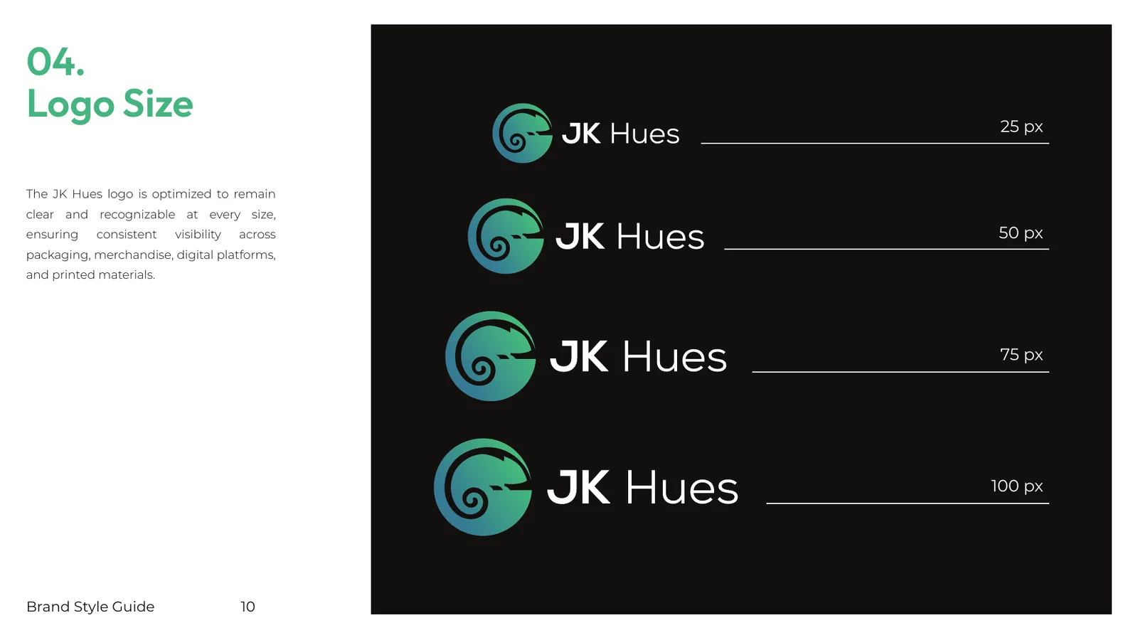 JK Hues brand style guide, page 10