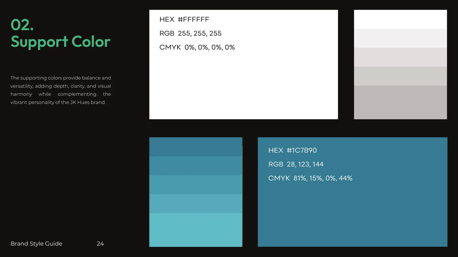 JK Hues brand style guide, page 19