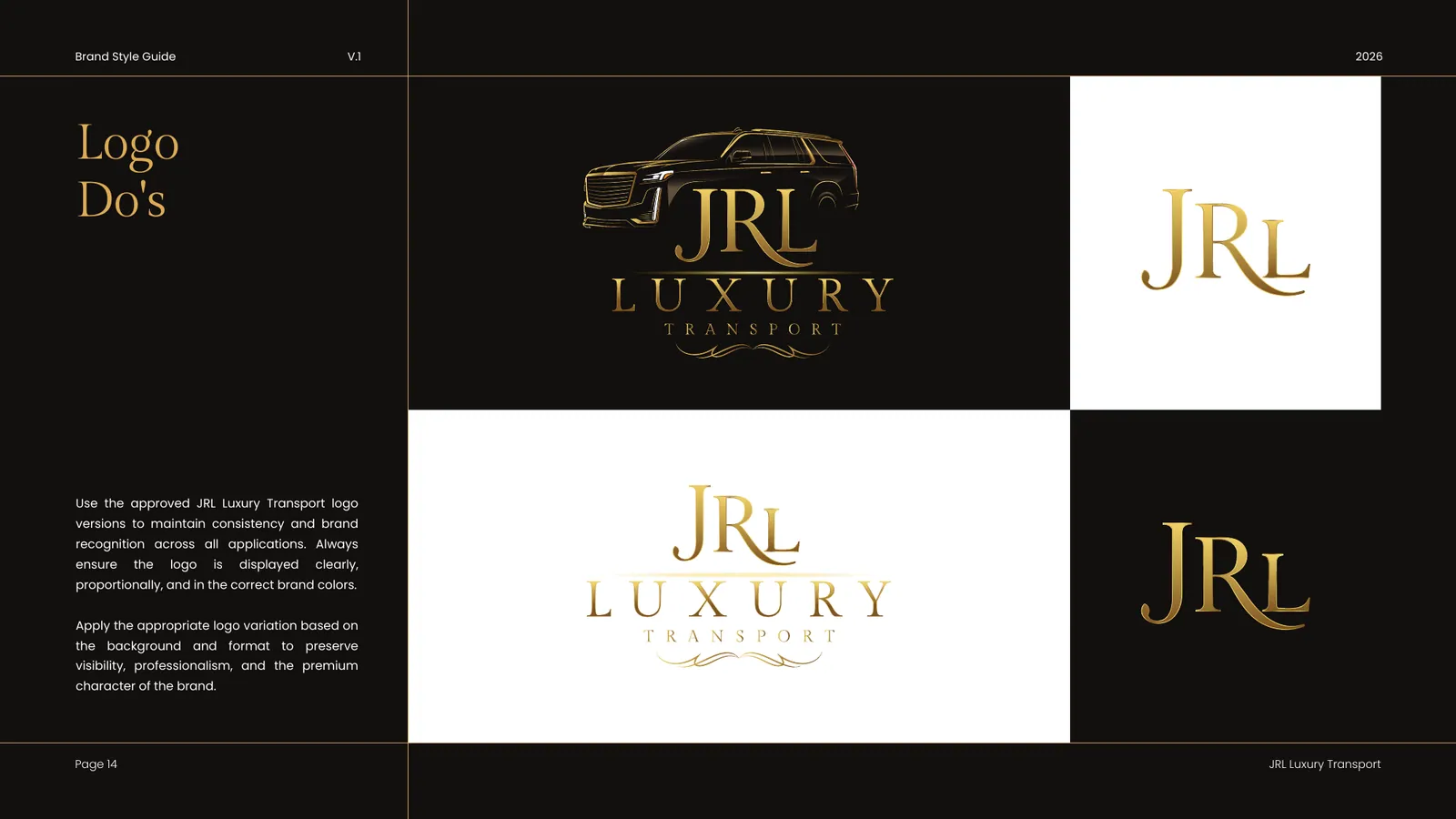 JRL Luxury Transport brand style guide, page 14