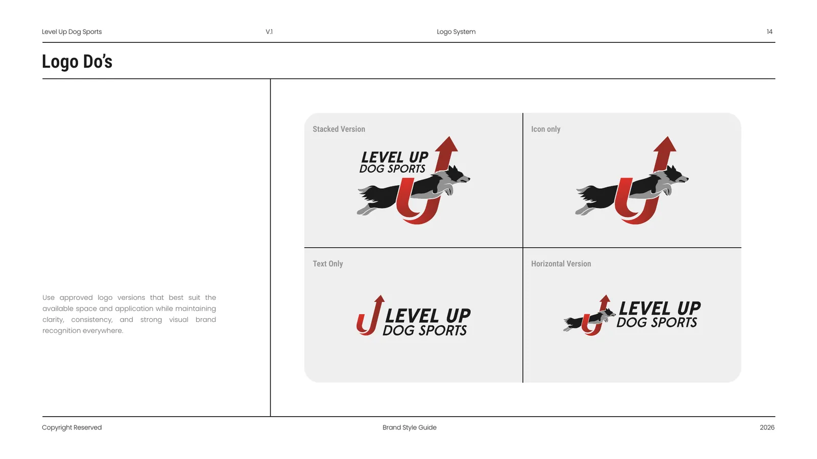 Level Up Dog Sports brand style guide, page 14