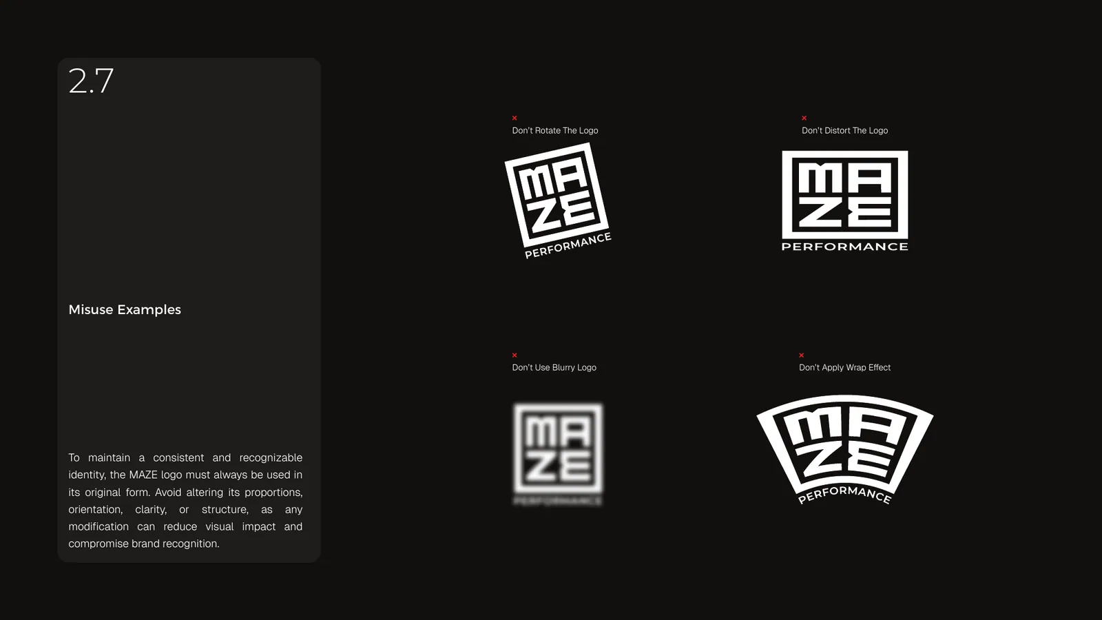 MAZE Performance brand style guide, page 16