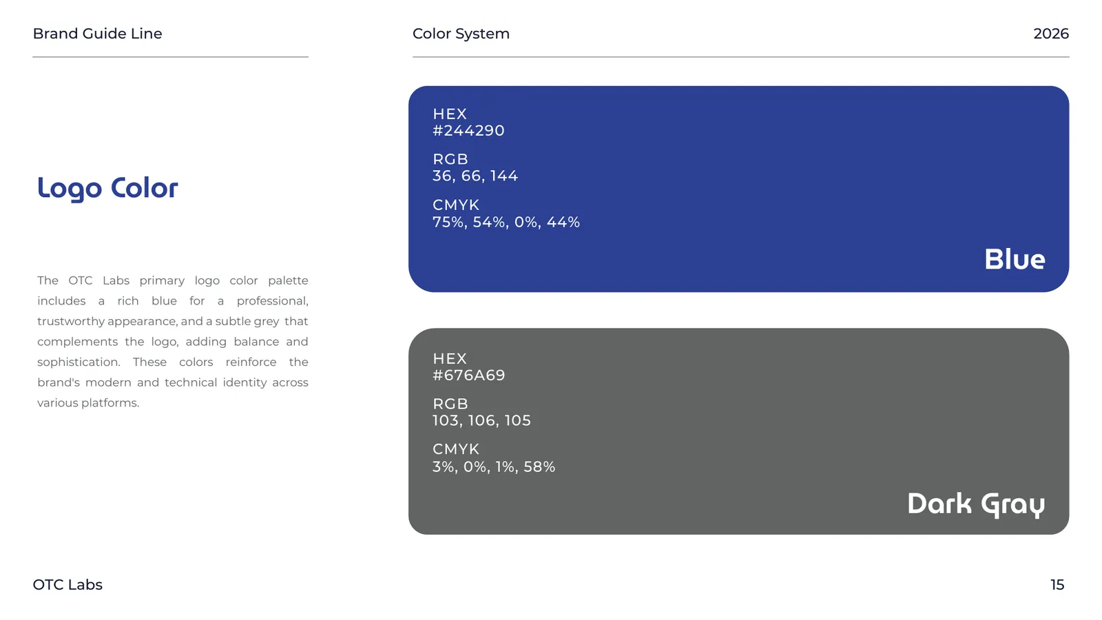 OTC Labs brand style guide, page 15